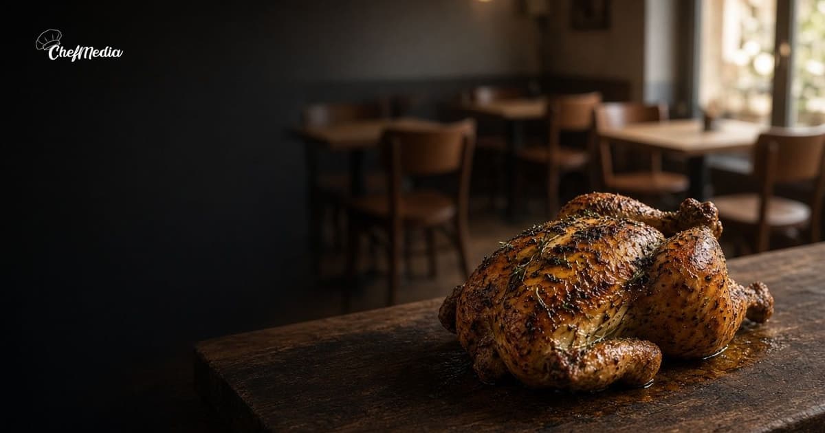An herb-roasted chicken on a dark wood restaurant table, with the ChefMedia logo